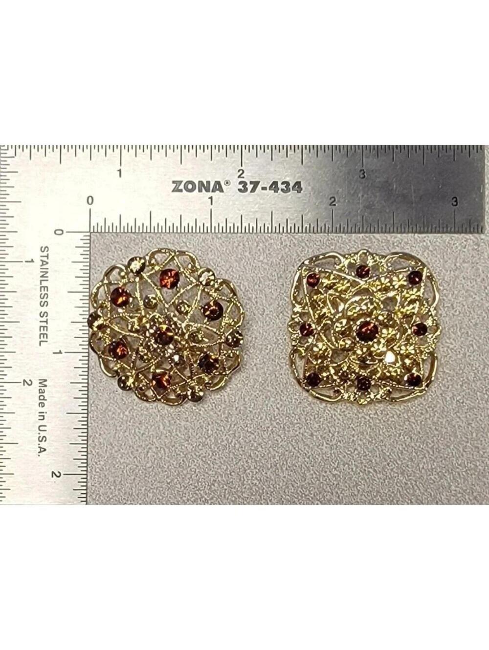 Amber Rhinestone Brooch Pins Lot of 2 Gold Tone Filigree Costume Jewelry Gift